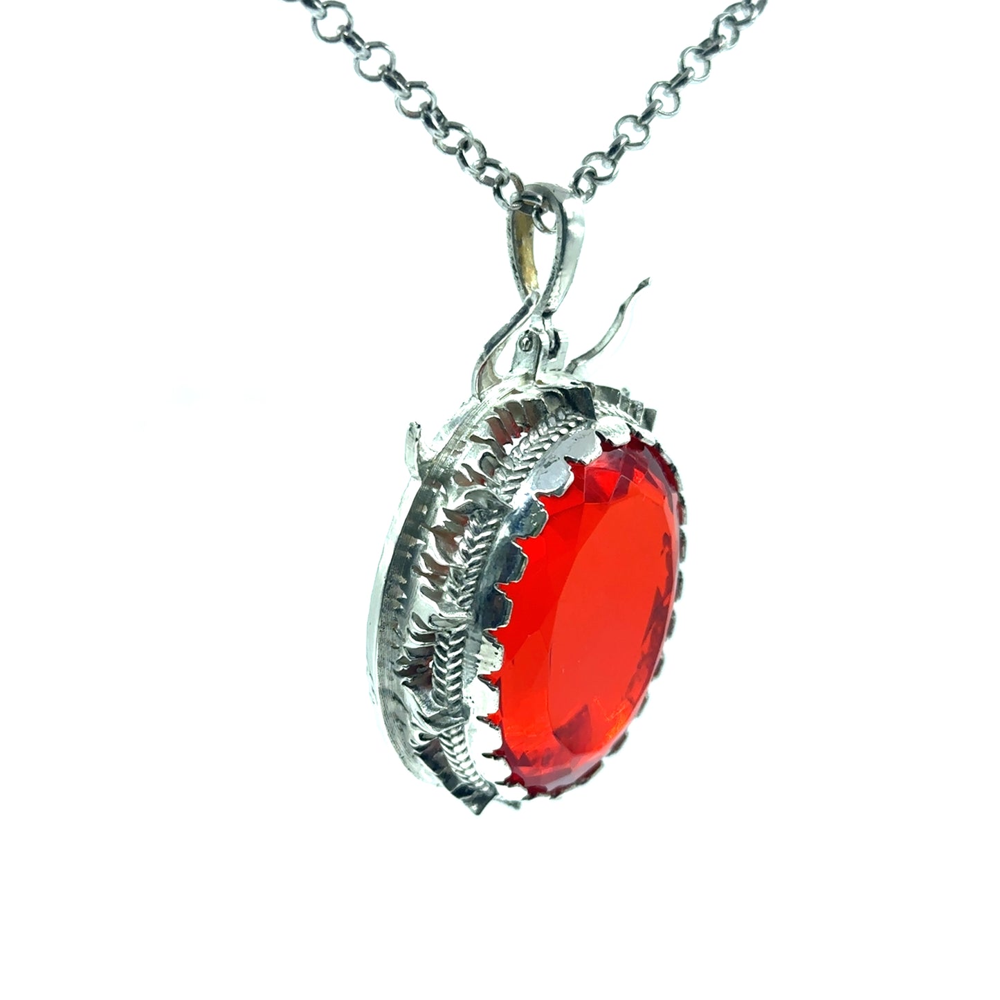 55 Gram .925 Huge Silver Pendant with Mexican Fire Opal Gem